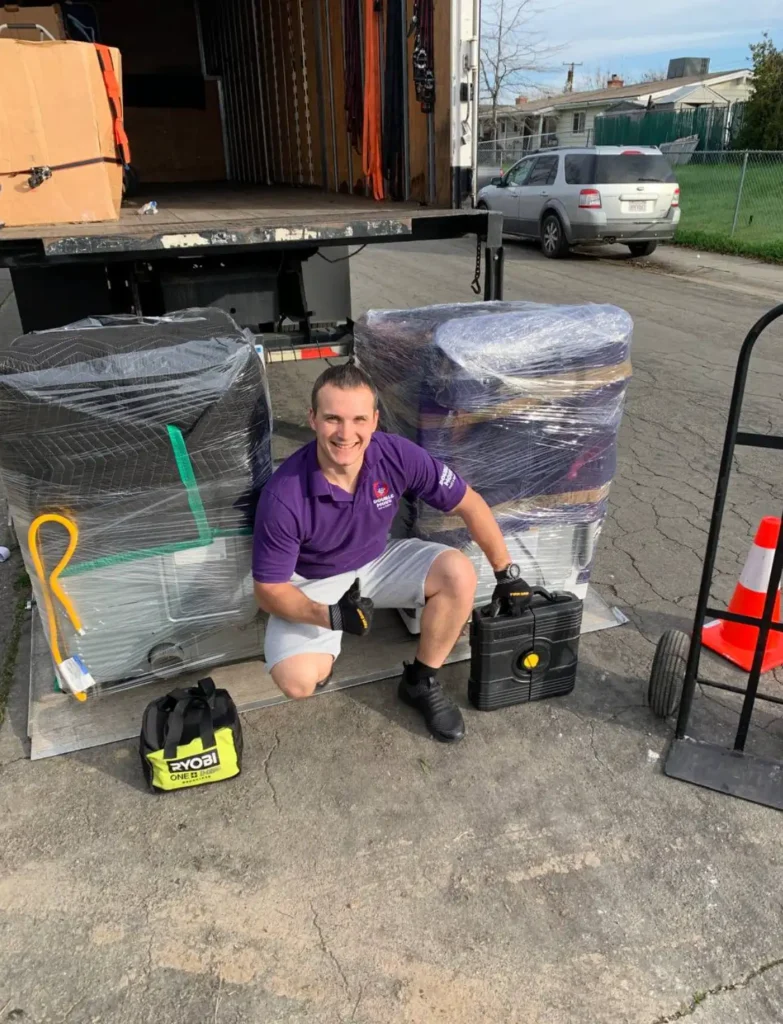 Double Move movers loading a truck at a home in Fair Oaks, California