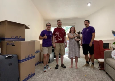 Double Move movers with two clients after completing a successful moving service in Sacramento